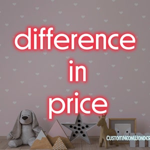 May include: A pink wall with a heart pattern and the words "difference in price" in red neon. The image includes a plush bunny, wooden mountains, a star, a deer, and a framed picture.