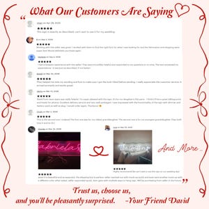 Puede incluir: Un gr&aacute;fico de rese&ntilde;as de clientes titulado What Our Customers Are Saying, que presenta varias rese&ntilde;as de cinco estrellas, iconos de perfil de usuario, fechas y dos peque&ntilde;as fotos cuadradas de letreros de ne&oacute;n. El texto incluye Trust us, choose us, and you'll be pleasantly surprised.