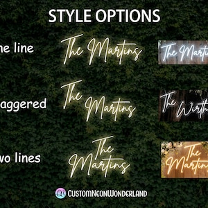 Puede incluir: Una muestra de opciones de estilo para letreros de ne&oacute;n personalizados con el texto The Martins y The Wirths. La imagen presenta tres configuraciones de dise&ntilde;o llamadas One line, Staggered y Two lines, con ejemplos de letras iluminadas en varios colores.