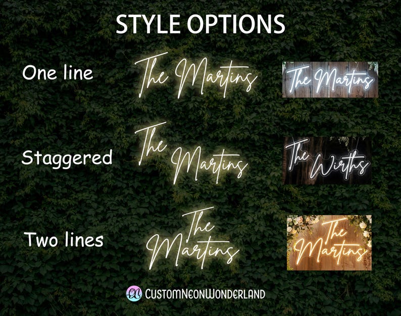Puede incluir: Una muestra de opciones de estilo para letreros de ne&oacute;n personalizados con el texto The Martins y The Wirths. La imagen presenta tres configuraciones de dise&ntilde;o llamadas One line, Staggered y Two lines, con ejemplos de letras iluminadas en varios colores.