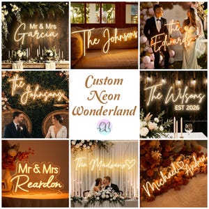 Puede incluir: Una colecci&oacute;n de letreros de ne&oacute;n personalizados con varios apellidos y frases como Mr & Mrs Garcia, The Johnsons, The Edwards, The Wilsons EST 2026, Mr & Mrs Reardon, The Madsens y Michael & Andrew, exhibidos en diversos entornos de bodas.
