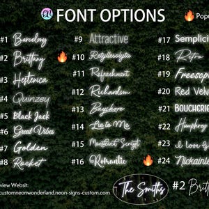 Puede incluir: Un gr&aacute;fico digital titulado FONT OPTIONS que muestra veinticuatro muestras de texto numeradas en estilo ne&oacute;n blanco. Cada entrada muestra un nombre de tipograf&iacute;a &uacute;nico, incluyendo Barcelony, Brittany, Hesterica, Quinzey, Black Jack, Great Vibes, Golden y Rocket.