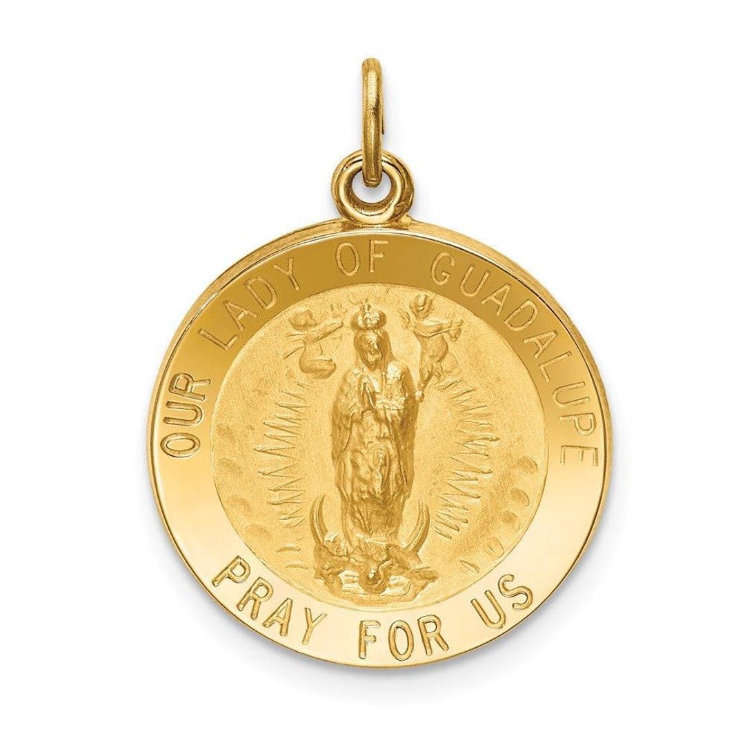 Solid 14k Yellow Gold Solid Polished Satin Round Our Lady of Guadalupe ...