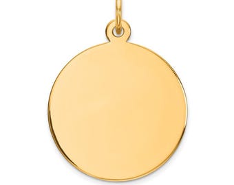 May include: A round, gold-colored pendant with a smooth, polished surface. The pendant is blank and ready for engraving.