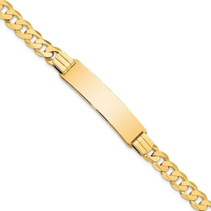 Engravable personalized custom 10k yellow gold flat curb link id bracelet for men or women length 8 inches width 10.18 mm with lobster claw