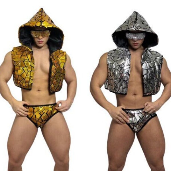 Pailletten Spiegel Kostuum Heren Festival Outfit Heren Feestkleding Laser Imitatie Spiegel Clubwear Muscle Man Dancewear Rave Outfit