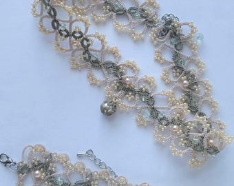 Conjunto de renda frivolité feita à mão, gargantilha e pulseira bege e verde sálvia, colar, acessórios etéreos em estilo vitoriano, sopro de primavera