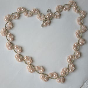 Tatting Necklace Handmade Lace Jewelry with Pink Thread & Pearls  Bridal Statement Necklace Gift for Her Rosewater Pearl
