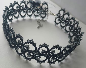 Handmade Tatting Lace Choker Pearls Seed Beads Black  Elysian