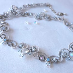 Handmade Silver-Light Grey Lace Designer Necklace with Artificial Moonstone, Delicate Winter Jewelry Winter Fairy Tale