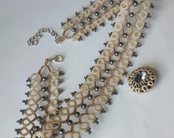 Ashen Crown: Beige Graphite Lace Jewelry Set, Original Designer Choker Bracelet, Architectural Textile Art