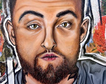 Mac Miller - Original acrylic painting on canvas, collage background, rapper / musician / music art,  wrapped canvas, PRL art, Pearl Renae