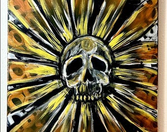 ScumFlower - Original 16x20” acrylic painting on wrapped  canvas, PRL art, Pearl Renae, skull, sunflower, abstract, goth, flower