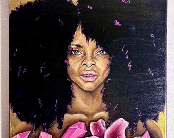 Erykah Badu- Original 16x20” acrylic painting on wrapped  canvas, PRL art, Pearl Renae, soul, spiritual, woman art, musician, bag lady art