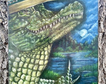 Swamp Puppy, Original 12x16 acrylic painting, wrapped canvas, PRL art, Pearl Renae, Alligator Crocodile, Swamp Life, Florida Wildlife animal