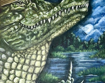 Swamp Puppy, 8 X 10" Acrylic Painting Fine Art Print, Swamp Life, Alligator, Crocodile, Sombrero, middle finger