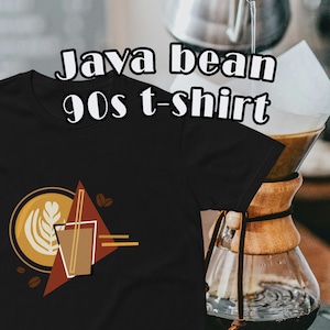 May include: Black t-shirt featuring a graphic of a coffee cup and the text "Java bean 90s t-shirt".