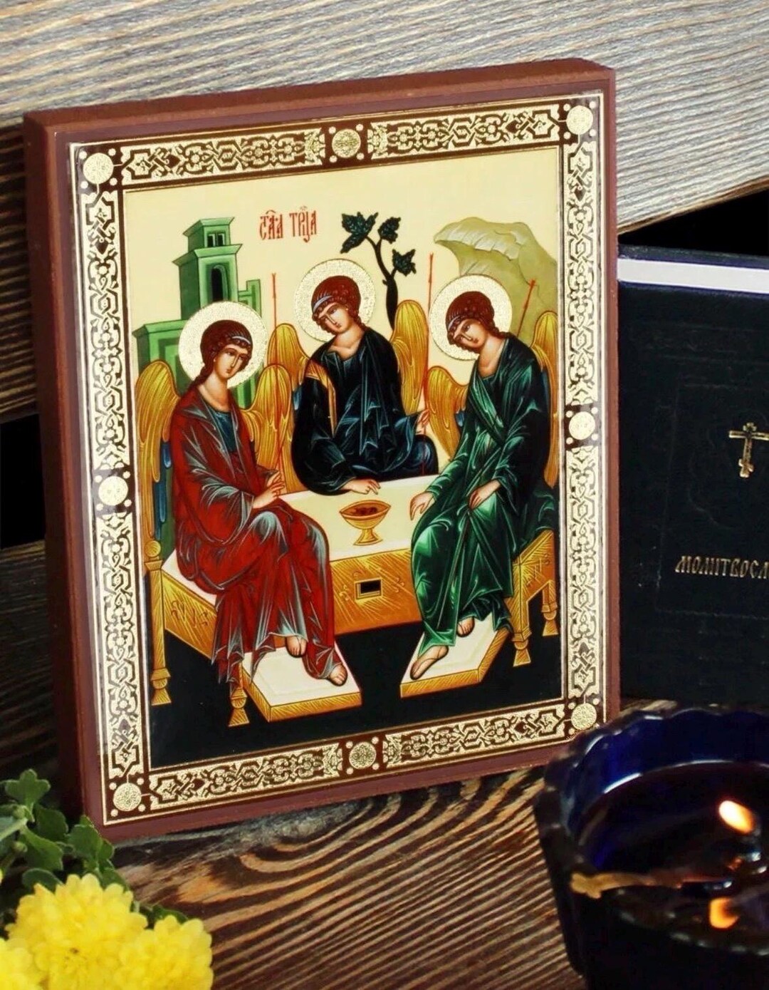 Handmade Orthodox Icon of Holy Trinity , Wooden Religious Art (16x13 Cm ...