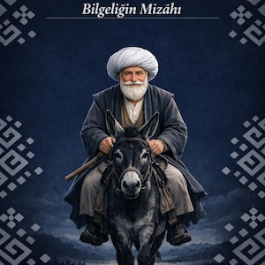 Könnte beinhalten: Illustration von Nasreddin Hoca auf einem Esel, mit türkischem Text oben und unten. Der Mann trägt einen weißen Turban und Bart und einen dunklen Mantel. Der Esel ist grau, und der Hintergrund ist dunkelblau mit einer Bergkette.