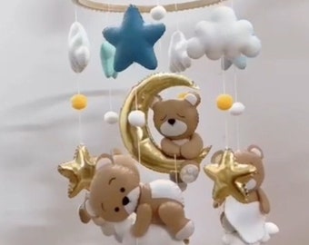 Baby Mobile with Sleeping Bear, Baby Bear Mobile, Boho Baby Mobile, Baby mobile neutral, Crib stars clouds Mobile, Felt hanging mobile