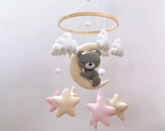 Baby mobile, Sleeping bear nursery mobile, Bear baby mobile for girl, Sleeping bear, baby shower, baby nursery, baby room decor, babyshower