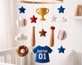 Handmade Baseball Felt Baby Mobile, Sports Nursery Decor, Vintage Style Crib Ornament