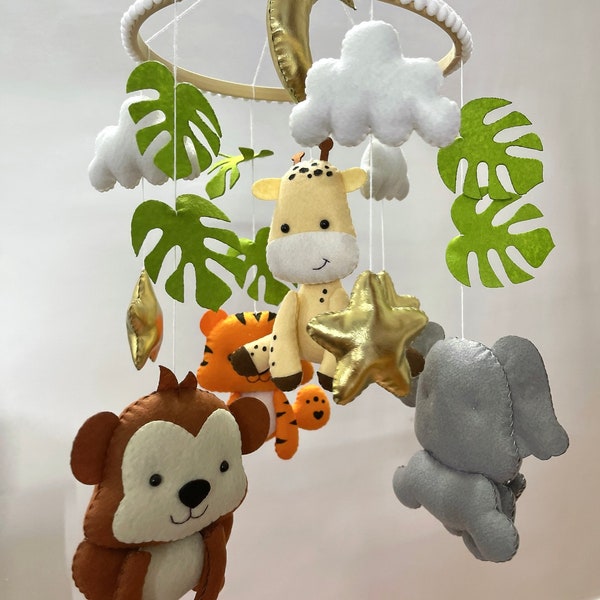 Baby mobile, Felted Safari nursery mobile with moon, tiger, giraffe, monkey, elephant,baby shower, baby nursery, baby room decor, babyshower