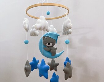 Sleeping Bear Baby Mobile, Nursery Decor, Handmade