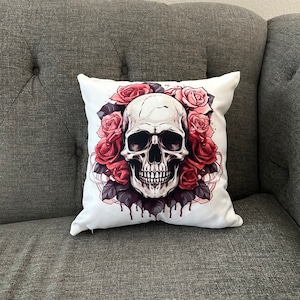 Gothic Skull and Pink Roses Pillow, Spun Polyester 14x14 Square Pillow, Double-Sided Print, Unique Home Decor, Spooky Season Accent