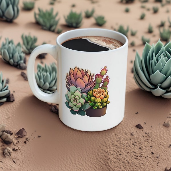 Colorful Succulents 11oz Ceramic Mug, Morning Coffee Mug, Housewarming Gift, Desert Gift, Southwestern Gift