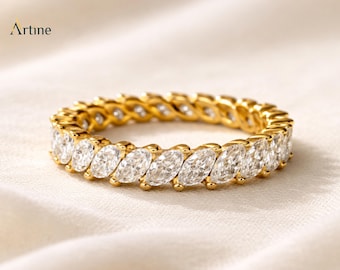 Gold Marquise Diamond Eternity Wedding Band Bridal Anniversary Promise Women Luxury Fashion Jewelry Ring