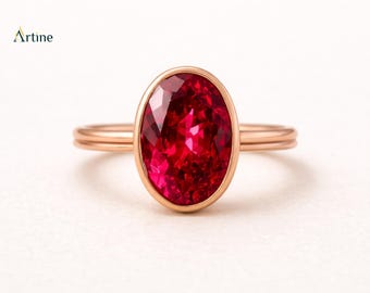 Anillo de compromiso minimalista de oro rosa con bisel de rubí ovalado, regalo de promesa nupcial vintage, joyería