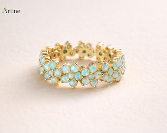 Anello dell'eternità con opale rotondo, anello nuziale floreale in oro, gioielli impilabili per anniversario ispirati al vintage