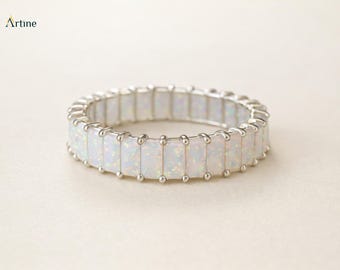 Opal Eternity Band Ring Silver Wedding Ring Minimalist Stackable Anniversary Gift Women Jewelry