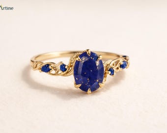 Blue Lapis Lazuli Ring Gold Vintage Engagement Ring Boho Bridal Anniversary Gift Women Jewelry