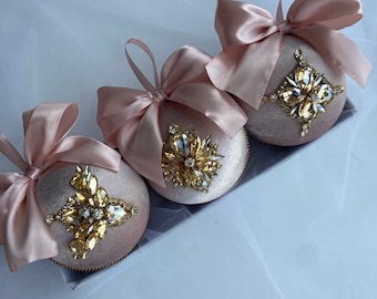 Pink Christmas rhinestone ornaments set, velvet Christmas decorations, Handmade Christmas tree balls