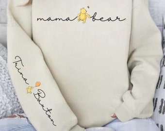Aangepast Moederdagsweater met namen, Winnie de Pooh Moederdagcadeau, aangepast Mama Bear-shirt, cadeau voor moeders