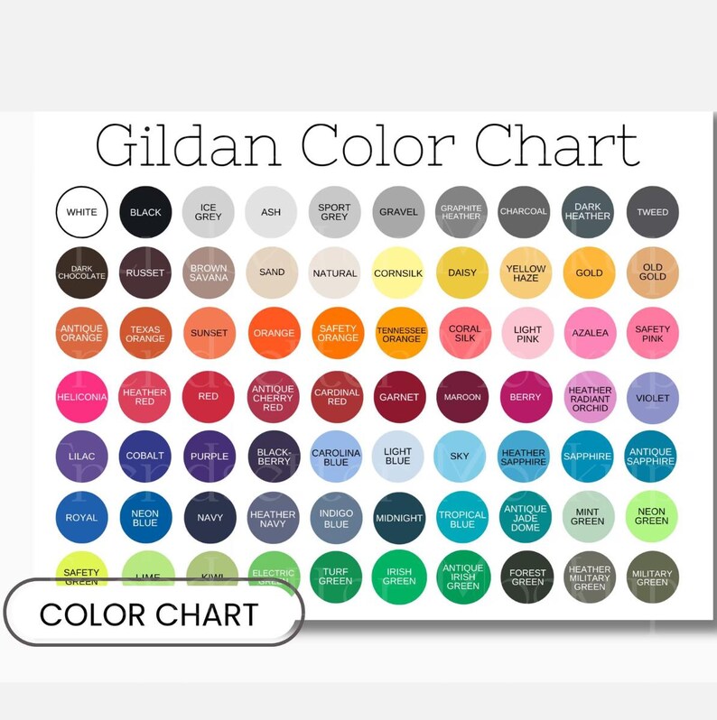 May include: A colour chart labelled "Gildan Color Chart" with a variety of colours, including white, black, and various shades of grey, red, orange, blue, green, and purple. The text "COLOR CHART" is at the bottom.