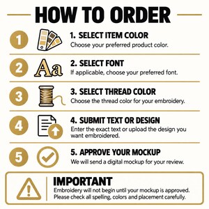 May include: An instructional graphic titled HOW TO ORDER with five numbered steps. Step 1 shows a color palette, 2 shows letters Aa, 3 shows a spool of thread, 4 shows a document with an arrow, and 5 shows a checkmark. An important warning box follows.