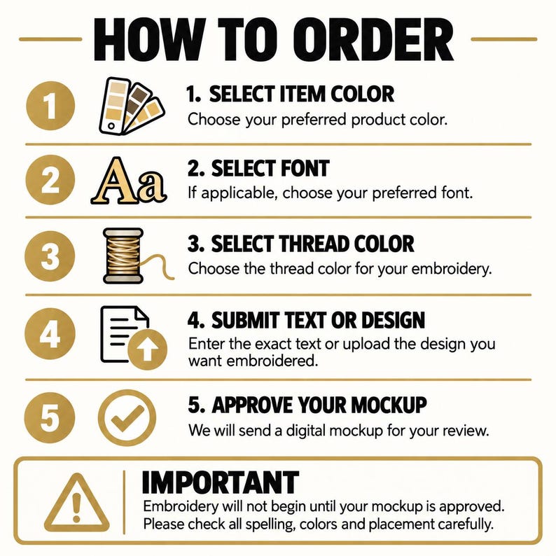 May include: An instructional graphic titled HOW TO ORDER with five numbered steps. Step 1 shows a color palette, 2 shows letters Aa, 3 shows a spool of thread, 4 shows a document with an arrow, and 5 shows a checkmark. An important warning box follows.