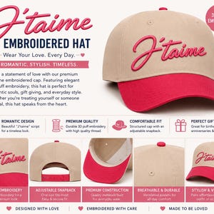 May include: A beige baseball cap with a bright pink brim and the word J'taime embroidered in pink 3D puff lettering on the front. The cap features an adjustable pink snapback closure, ventilated eyelets on the crown, and a structured six-panel design.