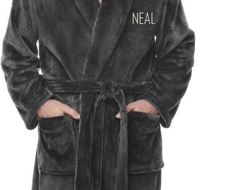 Embroidered Men's robe, soft fleece plush robe for Men, Robe with 2 pockets and belt, Men's bath robe Embroidered