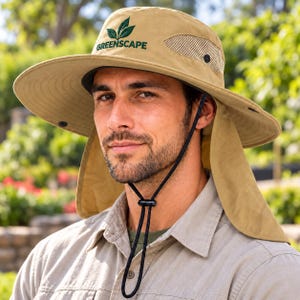 May include: A tan sun hat with a wide brim, a neck flap, and mesh side panels. The front features an embroidered green leaf logo and the text GREENSCAPE. A black adjustable chin strap with a sliding toggle is attached to the hat.