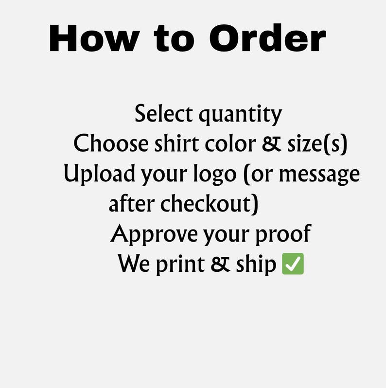 May include: Text graphic with the title "How to Order" and instructions: Select quantity, Choose shirt colour & size(s), Upload your logo, Approve your proof, and We print & ship.