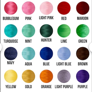 May include: A thread color chart featuring the text Thread Chart at the top, followed by a grid of twenty-five circular swatches in various colors including bubblegum, pink, light pink, red, maroon, turquoise, mint, hunter, lime, green, navy, aqua, blue, light blue, brown, yellow, gold, orange, light purple, purple, black, dark gray, light gray, beige, and white.