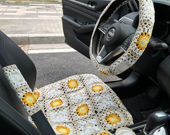 Crochet Steer Wheel Cover,Sun Moon Steer Wheel Cover For Women,Crochet Seat Cover,Car accessories,Mother's Day Gifts,New Car Gift