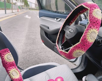 Crochet Flower steering wheel cover,Car Flower Seat Belt Cover,Wheel Cover For Women,Car accessories,Mother's Day Gifts,New Car Gift