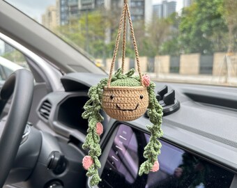 Crochet Smiling Smiley Car Hanging Plant,Crochet Car Hanging,Flower Car Plants,Plant Lover Decor, Rear Mirror Ornament Accessories,Car Decor