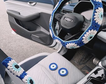 Crocheted Devil's Eye Steering Wheel Cover,Car Seat Belt Cover,Cute Steer Wheel Cover For Women,Car accessories,Mother's Day Gifts,Gifts