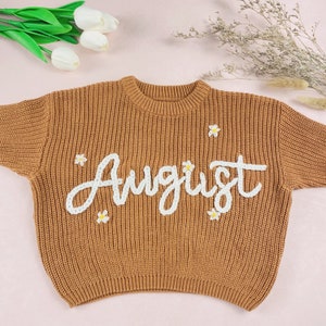 Personalized Hand Embroidered Baby and Toddler Sweaters,Embroidered Name Sweater,Embroidered Oversized Chunky Kids Sweater,Baby Announcement image 4